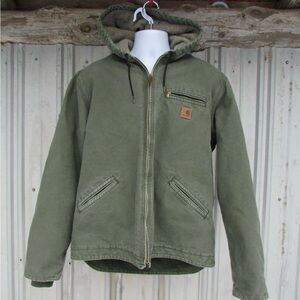 Carhartt Mens Green Duck Canvas Sherpa Lined Jacket Size L Tall Hooded J141 ARG